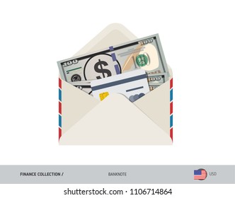 100 US Dollar Banknote. Flat style opened envelope with cash. Dollar banknotes and credit card. Salary payout or bank transaction concept.