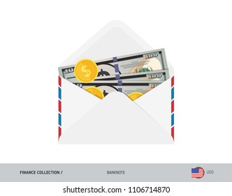 100 US Dollar Banknote. Flat style opened envelope with cash. Dollar banknotes and coins. Salary payout or corruption concept.