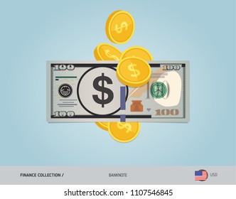 100 US Dollar Banknote with flying coins. Flat style vector illustration. Finance concept.