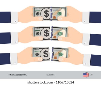 100 US Dollar Banknote. Hands tearing banknote set. Flat style vector illustration. Business finance concept.