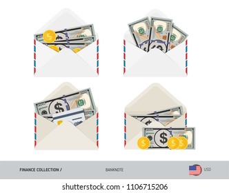100 US Dollar Banknote. Set of flat style opened envelopes with cash. Isolated white paper envelope with moneys. Finance concept.