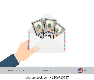 100 US Dollar Banknotes in envelope hold in hand. Flat style opened white envelope with cash. Salary payout or corruption concept.