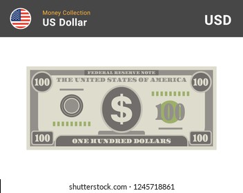 100 US Dollar Bill. American Money Banknote. Currency Vector Set. Stylized Drawing Of Bills. Flat Vector Illustration.