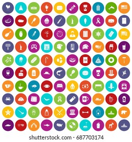 100 USA icons set in different colors circle isolated vector illustration