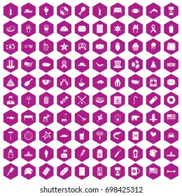 100 USA icons set in violet hexagon isolated vector illustration