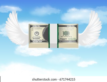 100 usd banknote with bird wing flying in sky