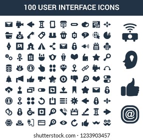 100 User Interface universal icons set with At, Like, Head, Wifi, Full screen, Moustache, Refresh, Eye, Zoom in