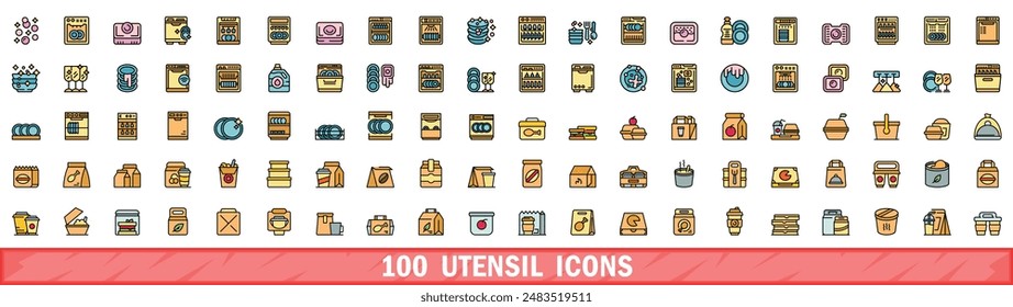 100 utensil icons set. Color line set of utensil vector icons thin line color flat on white