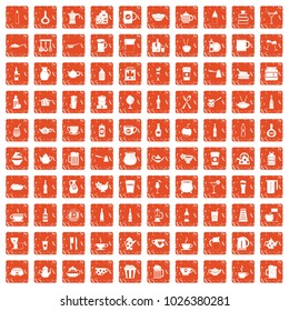 100 utensil icons set in grunge style orange color isolated on white background vector illustration
