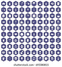 100 utensil icons set in purple hexagon isolated vector illustration