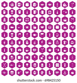 100 utensil icons set in violet hexagon isolated vector illustration