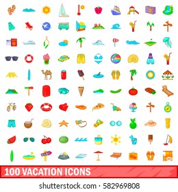 100 vacation icons set in cartoon style for any design vector illustration