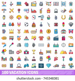 100 vacation icons set. Cartoon illustration of 100 vacation vector icons isolated on white background