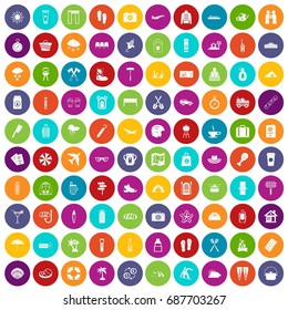 100 vacation icons set in different colors circle isolated vector illustration
