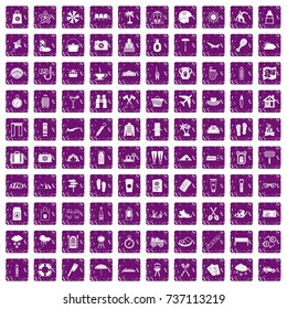 100 vacation icons set in grunge style purple color isolated on white background vector illustration