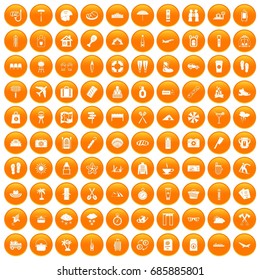 100 vacation icons set in orange circle isolated on white vector illustration