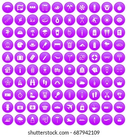 100 vacation icons set in purple circle isolated on white vector illustration