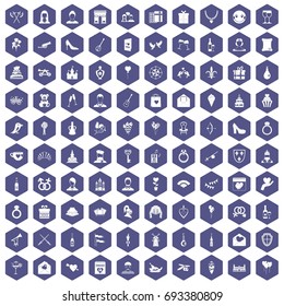 100 valentine day icons set in purple hexagon isolated vector illustration