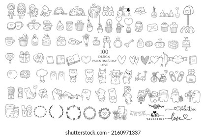 100 Valentine's Day with cartoon,element ,icon symbol,sign for love hand drawn, doodle,line art,style .vector illustration	