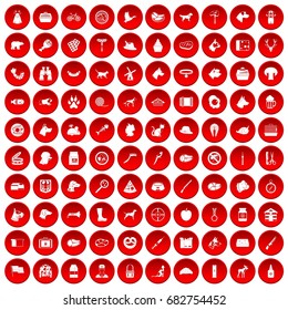 100 various icons set in red circle isolated on white vector illustration