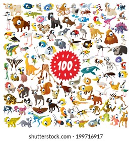 100 vector bright color cartoon animals for children abc education or flash card mobile games or book illustration