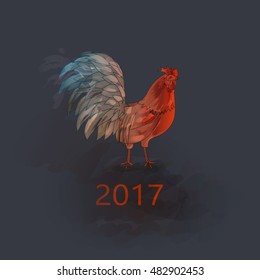 100% Vector. Chinese New Year of the Rooster. Graphic imitation of watercolor painting. Rooster Chinese Painting. New Year card. 2017 New Year card.Winter holidays card.
