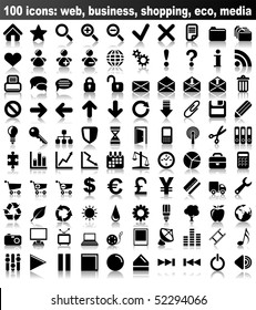 100 vector icons: web, business, finance, shopping, eco, media.