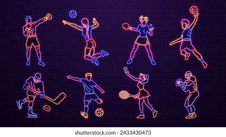 100% vector illustration. A set of neon games of footbo, tennis, basketball, hockey, ping pong, volleyball and boxing on the background of a brick wall. A concept for sports betting.