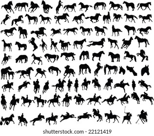 100 vector silhouettes of horses and riders