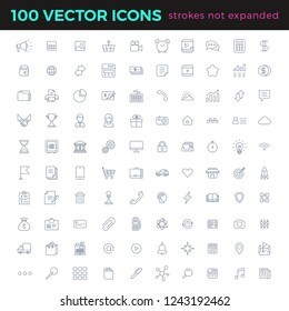 100 vector thin line icons set linear style. Simple outline icon with Editable stroke