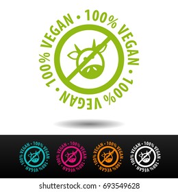 100% vegan badge, logo, icon. Flat vector illustration on white background. Can be used business company.
