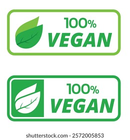 100% Vegan Badge Set. Green Horizontal Vector. Organic Label, Tag. Vegan Food, Product.