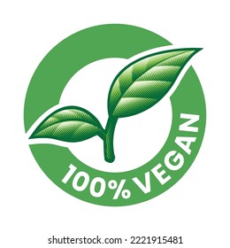 100% Vegan Engraved Round Icon with 2 Green Leaves isolated on a White Background