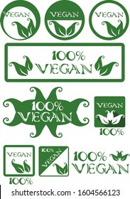100% vegan food concept. Set of green line icons on white background. Round, square icons and inscriptions green vector illustrations with leaves for stickers, labels and logos. eps