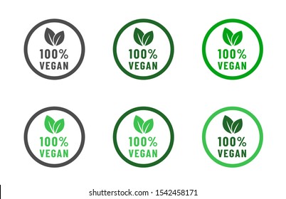 100% vegan food diet icon set. Organic, bio, eco symbols. Vegan, no meat, lactose free, healthy, fresh and nonviolent food. Round green vector illustrations with leaves for stickers, labels and logos