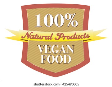 100% Vegan Food natural products label or tag in a shield with a ribbon. Brown, beige, white and yellow colors
