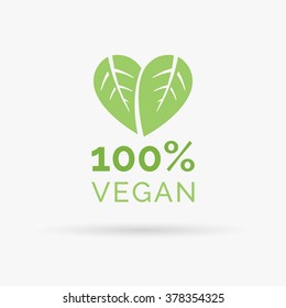 100% vegan icon design. Green vegan friendly symbol. Vegan food sign with leaves in heart shape design. Vector illustration.