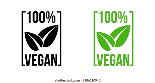 Diseño de iconos 100% veganos. Diseño de símbolos veganos al 100%. Señal de comida vegana con hojas. Ilustración vectorial.