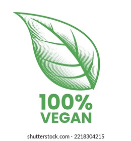 100% Vegan Icon with Green Engraved Leaf isolated on a White Background