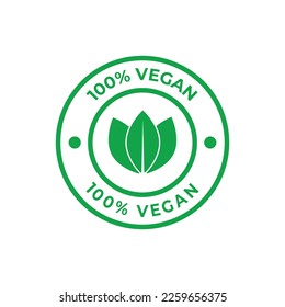 100% vegan icon vector illustration, vegan food symbol with green leaves, seal, stamp, tag, label, for medical and health packaging design