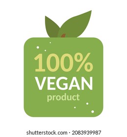 100%iges veganisches Produktetikett. Vektorabzeichen einzeln. vegetarisches Essen. Veganprodukt. grünes Blatt und Apfel. 
