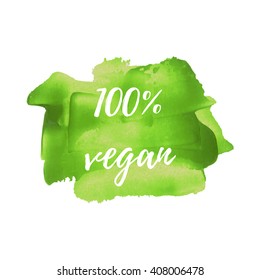 100% Vegan Product vector word, text, icon, symbol, poster, logo on hand drawn green paint background illustration
