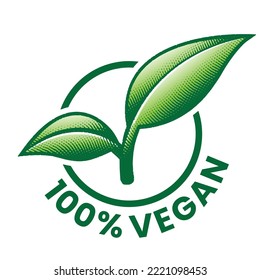 Ícono de redondeo vegan 100% con 2 hojas verdes grabadas aisladas en fondo blanco
