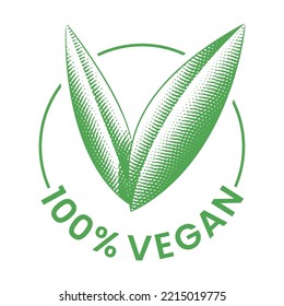 %100 Ícono de redondeo vegano con hojas verdes grabadas aisladas en fondo blanco