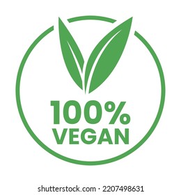 %100 Vegan Round Icon with Green Leaves isolated on a White Background