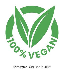 %100 Vegan Round Icon with Green Leaves isolated on a White Background