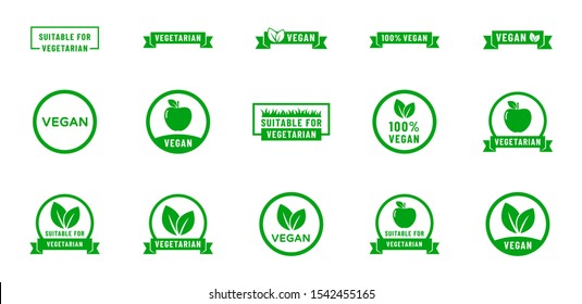 100% vegan and suitable for vegetarian icons. Organic, bio, eco symbols. Vegan, no meat, lactose free, healthy, fresh, nonviolent food. Round green vector illustrations for stickers, labels and logos