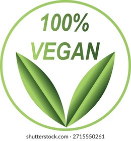 Um símbolo 100% vegano com duas folhas verdes dentro de um círculo verde, representando um compromisso com produtos de base vegetal e escolhas éticas.