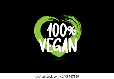 100% vegan text word on black background with green love heart shape suitable for icon, badge or typography logo design