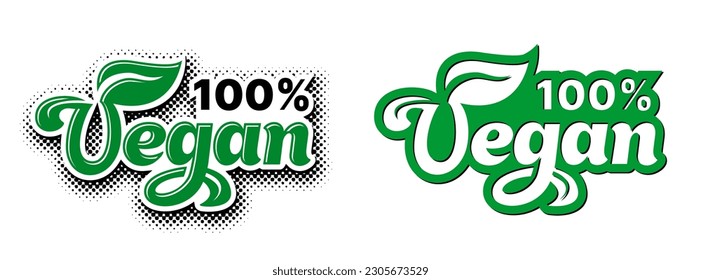 100 vegan vector icon. Vegan food sign with leaves, sticker for cafe restaurants packaging design. Vector on transparent background